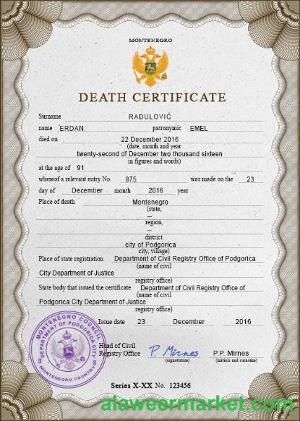Montenegro vital record death certificate PSD template